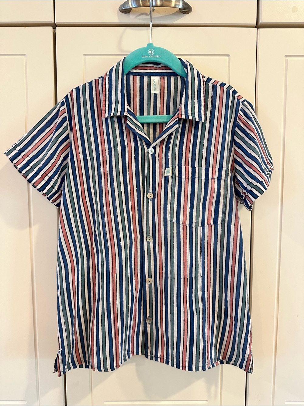 Anokhi Striped Short-Sleeve Shirt in Blue/Green/White/Pink Batik | Kids 4-5